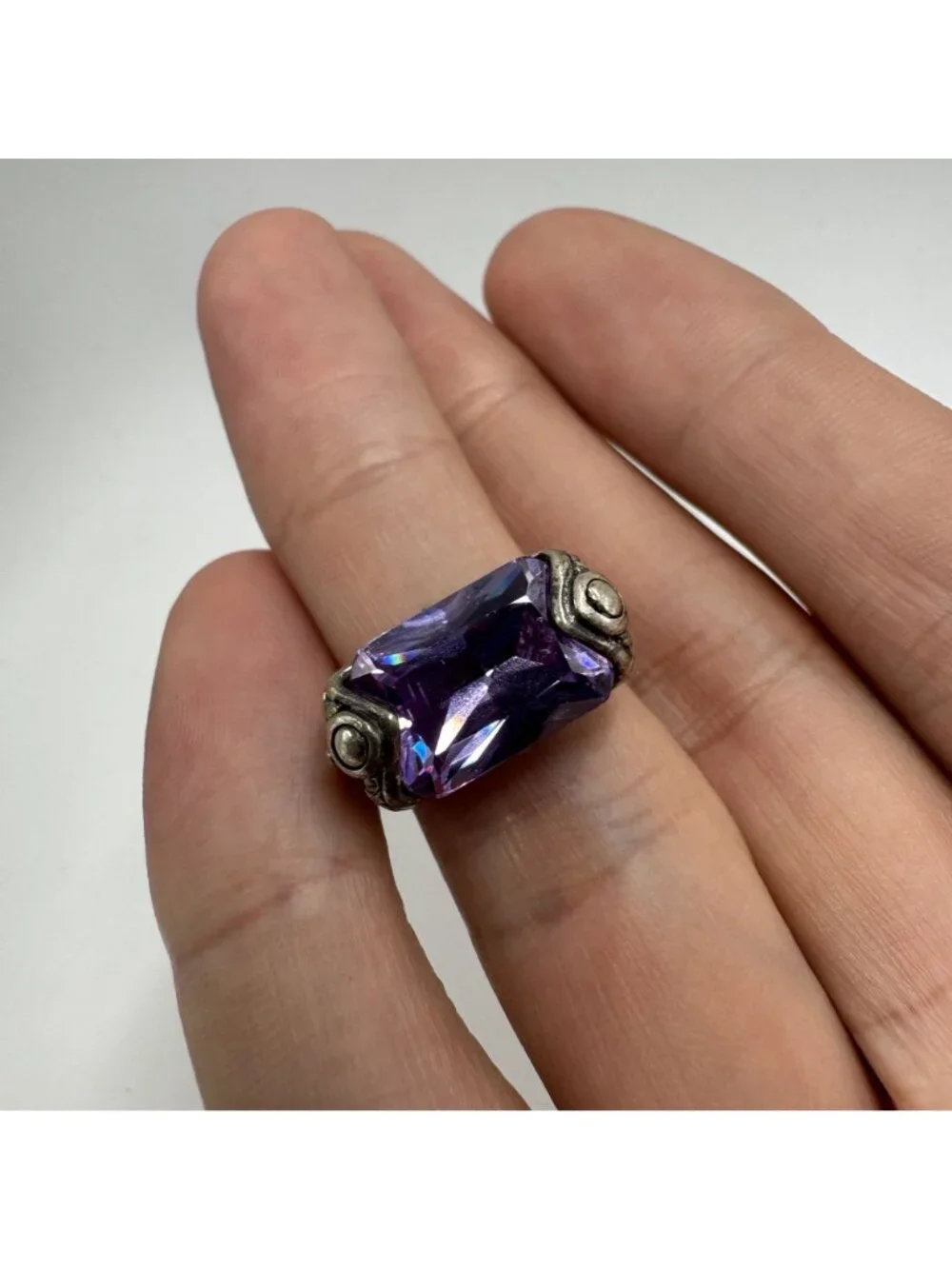 Solid Sterling Silver 925 Faceted Amethyst 3.5mm Band Statement Ring Size 5.5